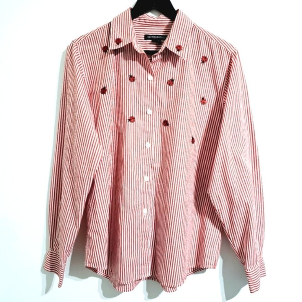 Impressions Size14 Red Stripe Ladybug Print Button Front Long Sleeve Shirt